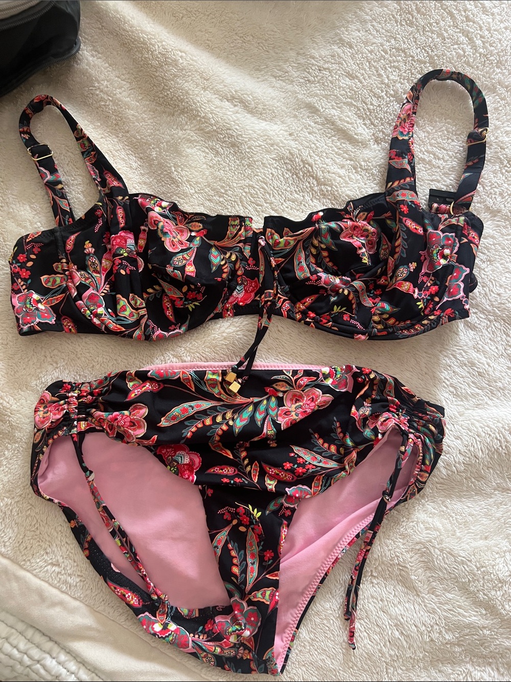 Boutique European Floral Paisley Black Bikini Set with Pink Lining